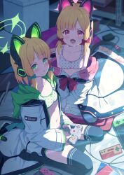 Rule 34 | 2girls, :d, animal ear headphones, animal ears, black thighhighs, blonde hair, blue archive, blunt bangs, blush, bow, bow bra, bra, breasts, cat ear headphones, collarbone, commentary, controller, expressionless, fake animal ears, famicom gamepad, game controller, green bra, green eyes, hair bow, halo, headphones, highres, holding, holding controller, holding game controller, hood, hooded jacket, indoors, jacket, looking at viewer, midori (blue archive), miso (misomiso 154), momoi (blue archive), multiple girls, nintendo 64 controller, nintendo switch, open clothes, open jacket, open mouth, open shirt, parted lips, pink bra, pink eyes, polka dot, polka dot bra, seiza, shade, short hair, siblings, sisters, sitting, small breasts, smile, thighhighs, twins, underwear, v-shaped eyebrows