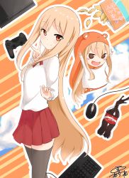 Rule 34 | 10s, 2girls, :d, absurdres, black legwear, blonde hair, bottle, brown eyes, chips (food), cola, controller, doma umaru, double v, dual persona, dualshock, food, game console, game controller, gamepad, hamster costume, highres, himouto! umaru-chan, keyboard (computer), komaru (himouto! umaru-chan), kyoo-kyon (kyo-kyon), long hair, looking at viewer, mouse (computer), multiple girls, open mouth, playstation 4, playstation controller, potato chips, skirt, smile, soda bottle, striped, striped background, thighhighs, v, yuki arare, zettai ryouiki