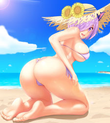 Rule 34 | 1girl, :d, alternate costume, animal ears, ass, ass cutout, bad id, bad pixiv id, barefoot, beach, bikini, blue sky, blush, breasts, butt crack, cameltoe, cat ears, cleft of venus, clothing cutout, cloud, commentary request, curvy, day, fate/grand order, fate (series), feet, flower, from behind, full body, hair over one eye, hat, hat flower, highres, horizon, kemonomimi mode, kneeling, kneepits, large breasts, purple bikini, leaning forward, lens flare, looking at viewer, looking back, mash kyrielight, medium breasts, nekoda (maoda), ocean, on floor, open mouth, outdoors, pink bikini, pink eyes, pink hair, revision, sand, shiny skin, shore, short hair, sideboob, sky, smile, soles, solo, straw hat, string bikini, sun, sunflower, sunlight, swimsuit, tareme, thong bikini, toes, underboob