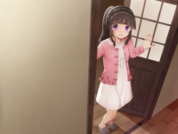 Rule 34 | 1girl, bad id, bad pixiv id, blush, breasts, brown hair, commentary request, dress, fingernails, indoors, jacket, kurata rine, long hair, long sleeves, looking at viewer, open clothes, open door, open jacket, original, parted lips, pink jacket, ponytail, purple eyes, sidelocks, small breasts, smile, solo, white dress, yandere