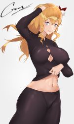 Rule 34 | 1girl, abs, artist name, black pants, black shirt, blonde hair, blouse, blue eyes, breasts, clothes lift, digi-crey, feet out of frame, girls&#039; frontline, hand in own hair, highres, long hair, long sleeves, looking at viewer, medium breasts, mosin-nagant (blade of white steel) (girls&#039; frontline), mosin-nagant (girls&#039; frontline), navel, open mouth, pants, parted lips, shirt, shirt lift, smile, solo, standing, white background