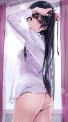 Rule 34 | 1girl, arms behind head, ass, black hair, blunt bangs, bottomless, breasts, brown eyes, commentary request, curtains, fingernails, highres, idolmaster, idolmaster shiny colors, long hair, looking at viewer, mayuzumi fuyuko, medium breasts, musunde hiraite (mh5jta), no panties, open mouth, shirt, solo, white shirt, window
