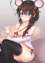 Rule 34 | 1girl, ahoge, animal ears, animal on arm, black panties, black thighhighs, blue eyes, blush, bow, braid, breasts, brown hair, cheese, chinese zodiac, collarbone, fake animal ears, food, grey background, hair between eyes, hair bow, hair flaps, hair ornament, hand on own knee, heart, huge ahoge, kantai collection, knee up, long hair, long sleeves, looking at viewer, medium breasts, mouse (animal), mouse ears, neck ribbon, nikoo, no bra, no pants, off-shoulder shirt, off shoulder, panties, parted lips, red bow, red ribbon, ribbon, shigure (kancolle), shirt, side-tie panties, side braid, simple background, single braid, sitting, thighhighs, thighs, underwear, white shirt, year of the rat