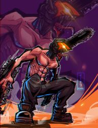 Rule 34 | 1boy, abs, artist name, black pants, chainsaw, chainsaw man, denji (chainsaw man), eidori13, facing to the side, glowing, glowing eye, highres, motion blur, muscular, muscular male, open mouth, pants, saliva, sharp teeth, smoke, solo, squatting, teeth, tongue, tongue out