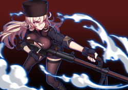 Rule 34 | 1girl, black gloves, black thighhighs, blouse, breast press, breasts, bright pupils, covered erect nipples, earrings, evan yang, fingerless gloves, fishnet thighhighs, fishnets, flipped hair, fur hat, girls&#039; frontline, gloves, gun, hair between eyes, hat, impossible clothes, impossible shirt, jewelry, large breasts, light brown hair, long hair, looking away, miniskirt, mole, mole under eye, papakha, ptrd (girls&#039; frontline), purple eyes, rifle, shirt, skirt, smoke, sniper rifle, solo, thighhighs, torn clothes, torn shirt, weapon, white pupils