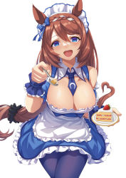 Rule 34 | 1girl, :d, alternate costume, animal ears, blue eyes, blue pantyhose, breasts, brown hair, cake, cleavage, enmaided, food, hair between eyes, heart, heart hair, horse ears, horse girl, incoming food, large breasts, long hair, looking at viewer, maid, maid headdress, necktie, open mouth, pantyhose, short necktie, simple background, smile, solo, spoon, strawberry shortcake, super creek (umamusume), umamusume, vococo, white background, wrist cuffs