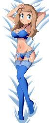 Rule 34 | 1girl, absurdres, arm behind head, arms up, bed sheet, blue bra, blue eyes, blue panties, blue thighhighs, blush, bow, bow panties, bra, breasts, brown hair, cleavage, closed mouth, collarbone, creatures (company), dakimakura (medium), female focus, full body, game freak, garter straps, groin, happy, highres, lace, lace-trimmed bra, lace trim, large breasts, lingerie, long hair, looking away, looking to the side, lucyfer, lying, navel, nintendo, on back, panties, pokemon, pokemon xy, serena (pokemon), shiny skin, smile, solo, thighhighs, underwear, underwear only, white background