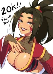 Rule 34 | 1girl, absurdres, black eyes, black hair, black nails, black shorts, breasts, bridal gauntlets, cleavage, commentary, detached sleeves, english commentary, fingernails, from above, highres, large breasts, long hair, looking at viewer, milestone celebration, original, parted lips, pimozzarella, ponytail, red lips, red robe, robe, sharp fingernails, shorts, shrug (clothing), smile, solo, taro (pimozzarella)