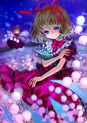 Rule 34 | 1girl, absurdres, ama-tou, blonde hair, blue eyes, doll, female focus, flower, glowing, hair ribbon, highres, lily of the valley, medicine melancholy, nature, night, ribbon, short hair, smile, solo, su-san, touhou