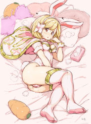 Rule 34 | 10s, 1girl, animal ears, ass, blonde hair, blush, breasts, brown eyes, rabbit ears, cape, carrot-shaped pillow, cleavage, djeeta (granblue fantasy), fake animal ears, flower, granblue fantasy, hair flower, hair ornament, hairband, heart, leotard, looking at viewer, lying, no shoes, on side, pillow, randou, sage (granblue fantasy), short hair, sketch, small breasts, smile, solo, thighhighs, tissue box, wrist cuffs