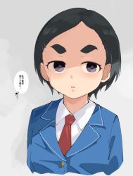 Rule 34 | 1girl, black hair, blue jacket, character request, collared shirt, copyright request, grey background, idolmaster, idolmaster cinderella girls, jacket, looking at viewer, matsuo chizuru, necktie, parted lips, purple eyes, red necktie, shirt, short hair, simple background, solo, takato kurosuke, thick eyebrows, translation request, upper body, white shirt, wing collar