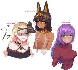 Rule 34 | 3girls, absurdres, animal ears, bare shoulders, black choker, blush, breasts, choker, collarbone, commission, copyright request, covered erect nipples, cropped torso, crying, dark-skinned female, dark skin, egyptian, egyptian clothes, fork, green eyes, highres, long hair, looking at viewer, makurano neena, mask, mask on head, medium breasts, multiple girls, original, popopoka, production kawaii, red sweater, small breasts, smile, sweat, sweater, tears, upper body, virtual youtuber, wavy mouth