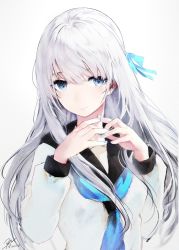 Rule 34 | 1girl, blouse, blue eyes, blue nails, blue neckerchief, blue ribbon, closed mouth, commentary, dated, eyelashes, hair ribbon, hands up, haori io, highres, interlocked fingers, long hair, long sleeves, looking at viewer, nail polish, neckerchief, original, ribbon, sailor collar, school uniform, serafuku, shirt, signature, simple background, solo, straight hair, symbol-only commentary, upper body, white background, white hair