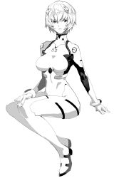 Rule 34 | 1girl, absurdres, ayanami rei, greyscale, highres, interface headset, monochrome, neon genesis evangelion, plugsuit, short hair, simple background, sitting, solo, velzhe, white background
