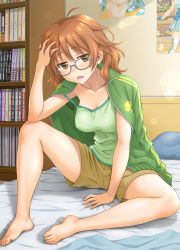 Rule 34 | 10s, 1girl, ahoge, araki hina, barefoot, bed, bedroom, blush, bookshelf, breasts, brown eyes, brown hair, camisole, cleavage, collarbone, feet, glasses, green jacket, hand in own hair, hida tatsuo, idolmaster, idolmaster cinderella girls, indoors, jacket, jacket on shoulders, knee up, lens flare, looking at viewer, manga (object), medium breasts, messy hair, on bed, open clothes, open jacket, open mouth, poster (medium), poster (object), shorts, sitting, sleepy, solo, spread legs, toes, track jacket
