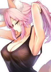 Rule 34 | 1girl, animal ears, armpits, blush, breasts, cleavage, commentary request, covered erect nipples, eyelashes, eyeliner, fate/extra, fate/extra ccc, fate/grand order, fate (series), fox ears, fox girl, fox tail, hair between eyes, highres, large breasts, looking at viewer, makeup, orange hair, pink hair, see-through silhouette, solo, tail, tamamo (fate), tamamo no mae (fate/extra), tank top, tying hair, wisespeak, yellow eyes