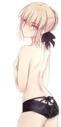 Rule 34 | 1girl, artoria pendragon (all), artoria pendragon (fate), ass, back, black panties, blonde hair, braid, breasts, butt crack, covering privates, covering breasts, fate/stay night, fate (series), flat ass, french braid, hair bun, hair ribbon, lace, lace-trimmed panties, lace trim, pale skin, panties, panties only, revision, ribbon, saber (fate), saber alter, short hair, simple background, single hair bun, small breasts, solo, surprised, topless, tusia, underwear, underwear only, white background, yellow eyes