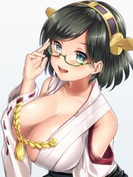 Rule 34 | 10s, 1girl, adjusting eyewear, aqua eyes, bare shoulders, black hair, breasts, cleavage, collarbone, commentary request, detached sleeves, eyebrows, from above, glasses, grey background, headgear, highres, kantai collection, keita (tundereyuina), kirishima (kancolle), large breasts, looking at viewer, nontraditional miko, open clothes, open mouth, shiny skin, short hair, simple background, solo, wide sleeves