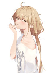 Rule 34 | 1girl, absurdres, ahoge, blush, collarbone, futaba anzu, grin, highres, idolmaster, idolmaster cinderella girls, idolmaster cinderella girls starlight stage, light brown hair, looking at viewer, looking to the side, loose clothes, loose shirt, messy hair, sanpo (sanpo 1027), shirt, simple background, smile, solo, twintails, upper body, white background, white shirt