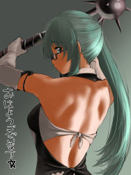 Rule 34 | .live, 1girl, backless outfit, breasts, from behind, glasses, gradient background, green eyes, green hair, highres, holding, holding weapon, kagura suzu (.live), large breasts, looking back, mace, semi-rimless eyewear, side ponytail, sidelocks, solo, spiked mace, spikes, tama (tamago), translation request, under-rim eyewear, upper body, virtual youtuber, weapon