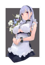 Rule 34 | 1girl, anchor choker, anchor necklace, apron, azur lane, black hairband, breasts, center frills, choker, clothing cutout, dido (azur lane), dress, flower, frilled choker, frills, from below, hairband, highres, lace-trimmed hairband, lace trim, large breasts, long hair, maid, maid apron, marble (marblesized), necklace, purple eyes, solo, underboob, underboob cutout, waist apron, white apron, white hair