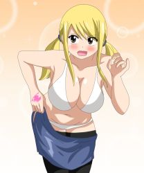 Rule 34 | 1girl, bare shoulders, bikini, blonde hair, blush, breasts, brown eyes, embarrassed, fairy tail, highres, large breasts, long hair, lucy heartfilia, open mouth, pantyhose, swimsuit, tagme, tattoo, trenganfinn29, twintails, white bikini