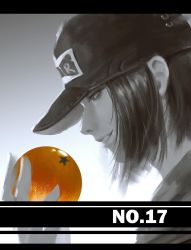 Rule 34 | 1boy, absurdres, android 17, ball, dragon ball, dragon ball (object), dragonball z, from side, greyscale, hat, highres, holding, holding ball, letterboxed, male focus, monochrome, profile, smile, solo, spot color, star (symbol), wei feng