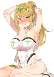 Rule 34 | 1girl, armpits, arms behind head, arms up, bare shoulders, blonde hair, blush, breasts, chest jewel, choker, cleavage, closed mouth, collarbone, large breasts, long hair, looking at viewer, mamedenkyuu (berun), mythra (radiant beach) (xenoblade), mythra (xenoblade), nintendo, one-piece swimsuit, ponytail, sidelocks, simple background, sitting, strapless, strapless one-piece swimsuit, swept bangs, swimsuit, thigh strap, thighs, tiara, tying hair, wariza, white background, white one-piece swimsuit, xenoblade chronicles (series), xenoblade chronicles 2, yellow eyes