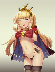 Rule 34 | 1girl, ;d, absurdres, alrtmfhqh, bad id, bad pixiv id, blue cape, breasts, cagliostro (granblue fantasy), cape, granblue fantasy, hairband, highres, long hair, looking at viewer, one eye closed, open mouth, panties, ribbon, simple background, small breasts, smile, solo, spiked hairband, spikes, thighhighs, tongue, tongue out, underwear