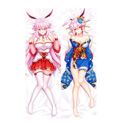 Rule 34 | 1girl, :d, animal ears, bare shoulders, bed, bed sheet, blue flower, blush, breasts, china dress, chinese clothes, cleavage, closed mouth, dakimakura (medium), dress, flower, fox ears, from above, full body, hair between eyes, hair flower, hair ornament, honkai (series), honkai impact 3rd, long hair, long sleeves, looking at viewer, lying, meng lea, on back, open mouth, pink hair, purple eyes, smile, thighhighs, toes, white thighhighs, yae sakura, yae sakura (goushinnso memento)