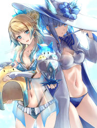 Rule 34 | 2girls, absurdres, adapted costume, alternate costume, bare shoulders, bikini, blonde hair, blue eyes, blue hair, blush, breasts, clear glass (mildmild1311), cleavage, clothing cutout, collarbone, commentary request, earrings, fire emblem, fire emblem heroes, fjorm (fire emblem), flower, food, gradient clothes, gradient hair, hair ornament, hat, hibiscus, highres, holding, ice cream, ice cream cup, jewelry, long hair, long sleeves, looking at viewer, medium breasts, multicolored hair, multiple girls, navel, nifl (fire emblem), nintendo, open mouth, see-through, signature, simple background, smile, spoon, stomach, sun hat, swimsuit, two-tone hair, white background