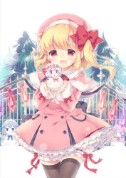 Rule 34 | 1girl, :d, alternate headwear, aogiri sei, bat wings, black thighhighs, blonde hair, bloomers, braid, capelet, character doll, coat, dress, fang, flandre scarlet, frilled skirt, frills, fur trim, gate, hair ribbon, hat, hat ribbon, izayoi sakuya, maid headdress, mob cap, open mouth, outdoors, patchouli knowledge, petticoat, pine tree, red eyes, red skirt, remilia scarlet, ribbon, short dress, short hair, side ponytail, silver hair, skirt, sleeves past wrists, smile, snow, snowman, solo, thighhighs, touhou, tree, twin braids, underwear, white background, wings, winter clothes, winter coat