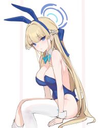 Rule 34 | 1girl, alracoco, animal ears, blonde hair, blue archive, blue eyes, blue leotard, braid, breasts, detached collar, fake animal ears, french braid, halo, highres, large breasts, leotard, long hair, looking at viewer, official alternate costume, playboy bunny, rabbit ears, sitting, solo, strapless, strapless leotard, thighhighs, toki (blue archive), toki (bunny) (blue archive), very long hair, wrist cuffs