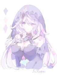 Rule 34 | 1girl, absurdres, black swan (honkai: star rail), breasts, cleavage, commentary request, dress, highres, hiranmayi, honkai: star rail, honkai (series), large breasts, long hair, looking at viewer, purple dress, purple eyes, purple hair, simple background, smile, solo, upper body, veil, very long hair, white background