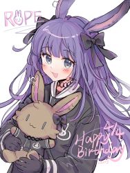 Rule 34 | 1girl, animal ears, arknights, black bow, black gloves, black shirt, bow, character name, commentary request, dated, ear piercing, gloves, grey eyes, hair bow, happy birthday, highres, holding, holding stuffed toy, long hair, long sleeves, looking at viewer, meng xue necky, piercing, purple hair, rabbit ears, rope (arknights), sailor collar, shirt, signature, simple background, solo, stuffed animal, stuffed rabbit, stuffed toy, upper body, very long hair, white background, white sailor collar