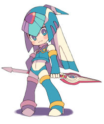 Rule 34 | 1girl, android, blue eyes, blue gloves, blue hair, blue panties, blue shirt, blue thighhighs, blush, bodysuit, bright pupils, closed mouth, crop top, elbow gloves, fingerless gloves, gloves, high heels, holding, holding polearm, holding spear, holding weapon, legs apart, fairy leviathan (mega man), long hair, mega man (series), mega man zero (series), miyata (lhr), multicolored hair, panties, polearm, shadow, shirt, sleeveless, sleeveless shirt, smile, solo, spear, standing, thighhighs, turtleneck, twintails, two-tone hair, underwear, weapon, white bodysuit, white hair, white pupils