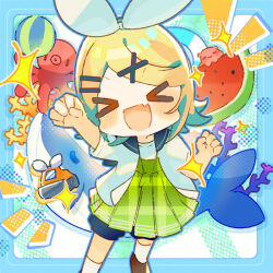 Rule 34 | &gt; &lt;, 1girl, arm up, ball, beachball, blonde hair, blush, bow, chibi, clenched hands, closed eyes, fang, food, fruit, hair bow, hair ornament, hairclip, kagamine rin, octopus, open clothes, open mouth, open shirt, pleated skirt, raised fist, sailor collar, short hair, short sleeves, shorts, shorts under skirt, skirt, smile, solo, soriku, steamroller, umbrella octopus, vocaloid, watermelon, watermelon slice, whale, x hair ornament