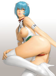 Rule 34 | 1girl, arm strap, ass, ayanami rei, bare shoulders, blue hair, bottomless, breast cutout, breasts, commentary request, from below, hand on own knee, headgear, high heels, leg up, leotard, looking at viewer, looking back, maebari, medium breasts, neon genesis evangelion, nipples, parted lips, partially visible vulva, plugsuit, red eyes, short hair, sideless outfit, skindentation, sleeveless, solo, thighhighs, thighs, unbuttoned, watanabe yasuaki, white leotard, white thighhighs