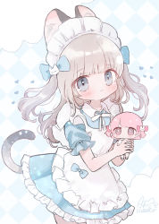 Rule 34 | 2girls, ame usako, animal ear fluff, animal ears, apron, argyle, argyle background, argyle clothes, blue bow, blue dress, blush, bow, brown eyes, brown hair, cat ears, cat girl, cat hair ornament, cat tail, closed mouth, collared dress, commentary request, dress, frilled apron, frilled dress, frills, hair bow, hair ornament, heart, highres, long hair, looking at viewer, maid, maid apron, maid headdress, mini person, minigirl, multiple girls, original, pink bow, pink hair, puffy short sleeves, puffy sleeves, rabbit hair ornament, short sleeves, smile, tail, two side up, white apron