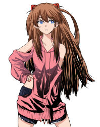 Rule 34 | 1girl, bare arms, bare shoulders, blue eyes, breasts, brown hair, cleavage, hair between eyes, hand on own hip, highres, interface headset, lips, long hair, neon genesis evangelion, sashimi (sasihmi), shorts, small breasts, solo, souryuu asuka langley, twintails, two side up, white background