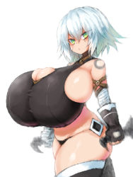 Rule 34 | 1girl, alternate breast size, artist request, bare shoulders, breasts, bursting breasts, cleavage, curvy, fate/apocrypha, fate/grand order, fate (series), gigantic breasts, green eyes, highres, jack the ripper (fate/apocrypha), looking at viewer, short hair, sideboob, solo, standing, thick thighs, thighs, white hair