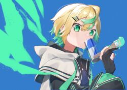 Rule 34 | 1girl, black gloves, blonde hair, blue background, can, energy drink, gloves, green eyes, green hair, green nails, hair ornament, hairclip, highres, holding, jacket, looking at viewer, mouth hold, nail polish, original, paintbrush, partially fingerless gloves, sho bu 1116, short hair, simple background, solo, upper body