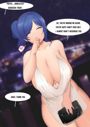 Rule 34 | 1girl, arm behind back, azur lane, backless dress, backless outfit, bag, bare shoulders, blue hair, breasts, cleavage, closed eyes, collarbone, curvy, dress, dutch angle, evening gown, grey dress, halter dress, halterneck, hand to own mouth, handbag, heart, highres, large breasts, laughing, looking at viewer, moebell, navel, netorare, night, night sky, no bra, no panties, outdoors, plunging neckline, railing, revealing clothes, side ponytail, sidelocks, silver dress, sky, solo, speech bubble, st. louis (azur lane), st. louis (luxurious wheels) (azur lane), standing, swept bangs, thighs