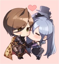 Rule 34 | 2girls, :&lt;, = =, animal print, armor, bare shoulders, bead necklace, beads, belt, black armor, black dress, black footwear, black gloves, black hat, black knight (granblue fantasy), blush, boots, breastplate, brown cape, brown hair, cape, chibi, closed eyes, closed mouth, commentary request, dress, elbow gloves, eno yukimi, eyes visible through hair, frilled dress, frills, full body, gloves, granblue fantasy, greaves, green eyes, grey hair, hair between eyes, hat, heart, holding hands, holster, jewelry, kiss, kissing cheek, leopard print, long hair, looking away, mini hat, multiple girls, necklace, orchis, outstretched arms, pauldrons, pink background, print cape, purple gloves, scabbard, sheath, sheathed, short dress, short hair, shoulder armor, sidelocks, simple background, standing, strapless, strapless dress, sweatdrop, thigh boots, thighhighs, twintails, v-shaped eyebrows, very long hair, yuri