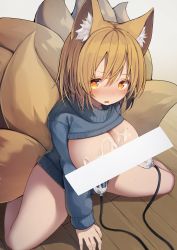 Rule 34 | 1girl, absurdres, alternate costume, animal ears, bar censor, blonde hair, blue sweater, breast pump, breasts, censored, cleavage, cleavage cutout, clothing cutout, commentary request, cum, cum on body, cum on breasts, cum on upper body, fox ears, fox tail, heart, heart-shaped pupils, highres, large breasts, looking at viewer, mamemochi, meme attire, milking machine, multiple tails, open-chest sweater, short hair, solo, sweater, symbol-shaped pupils, tail, touhou, yakumo ran, yellow tail