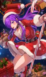 Rule 34 | 1girl, alternate costume, blush, box, breasts, candy, candy cane, choker, christmas, city lights, dress, fire emblem, fire emblem: three houses, fire emblem warriors: three hopes, floating hair, food, fur-trimmed dress, fur-trimmed headwear, fur trim, gift, gift box, hair over one eye, hat, highres, holding, holding candy, holding candy cane, holding food, long hair, looking at viewer, medium breasts, night, nintendo, open mouth, purple eyes, purple hair, red dress, santa costume, santa dress, santa hat, shez (female) (fire emblem), shez (fire emblem), skirt, sleigh, smile, snowing, solo, wawatiku