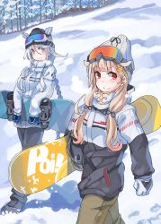 Rule 34 | 2girls, alternate costume, beanie, black pants, black ribbon, blonde hair, blue eyes, blue gloves, blue sky, braid, brown pants, clothes writing, day, gloves, goggles, hair flaps, hair over one eye, hair ribbon, hat, highres, jacket, kantai collection, long hair, mole, mole under eye, multicolored clothes, multicolored jacket, multiple girls, outdoors, pants, parted bangs, red eyes, ribbon, silver hair, single braid, ski boots, ski gear, ski goggles, sky, snow, snowboard, sugue tettou, two-tone jacket, umikaze (kancolle), very long hair, white gloves, white jacket, winter clothes, yuudachi (kancolle)