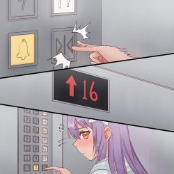 Rule 34 | 1girl, ^^^, afterimage, arrow (symbol), black hairband, blush, closed mouth, ear blush, elevator, female focus, from side, hairband, highres, hood, hood down, hoodie, indoors, jaggy lines, long hair, looking at viewer, motion lines, multiple views, nose blush, notice lines, orange eyes, original, profile, purple hair, push-button, rune (dualhart), shuriken hair ornament, sidelocks, standing, sweat, sweater, upper body, white hoodie, white sweater, yurina (rune (dualhart))