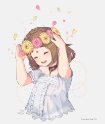 Rule 34 | 1girl, bare shoulders, brown hair, choker, closed eyes, copyright name, cropped torso, final fantasy, final fantasy xiv, forehead jewel, head wreath, lalafell, open mouth, peachy michi, petals, shirt, short hair, signature, simple background, solo, warrior of light (ff14), white shirt