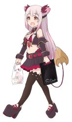 Rule 34 | 1girl, nanashi inc., bag, black skirt, black vest, blunt bangs, blush, blush stickers, bra, breasts, cleavage, commentary request, cone hair bun, cropped vest, demon girl, demon horns, demon tail, detached sleeves, full body, gradient hair, grey hair, groceries, hair bun, highres, holding, honey strap, horns, jyaco, large breasts, long hair, long sleeves, melonbooks, miniskirt, multicolored hair, open clothes, open mouth, open vest, panties, pink hair, plastic bag, platform footwear, pleated skirt, pointy ears, red bra, red eyes, red panties, simple background, skirt, smile, solo, stirrup legwear, suou patra, tail, thighhighs, toeless legwear, transparent background, underwear, vest, virtual youtuber, walking